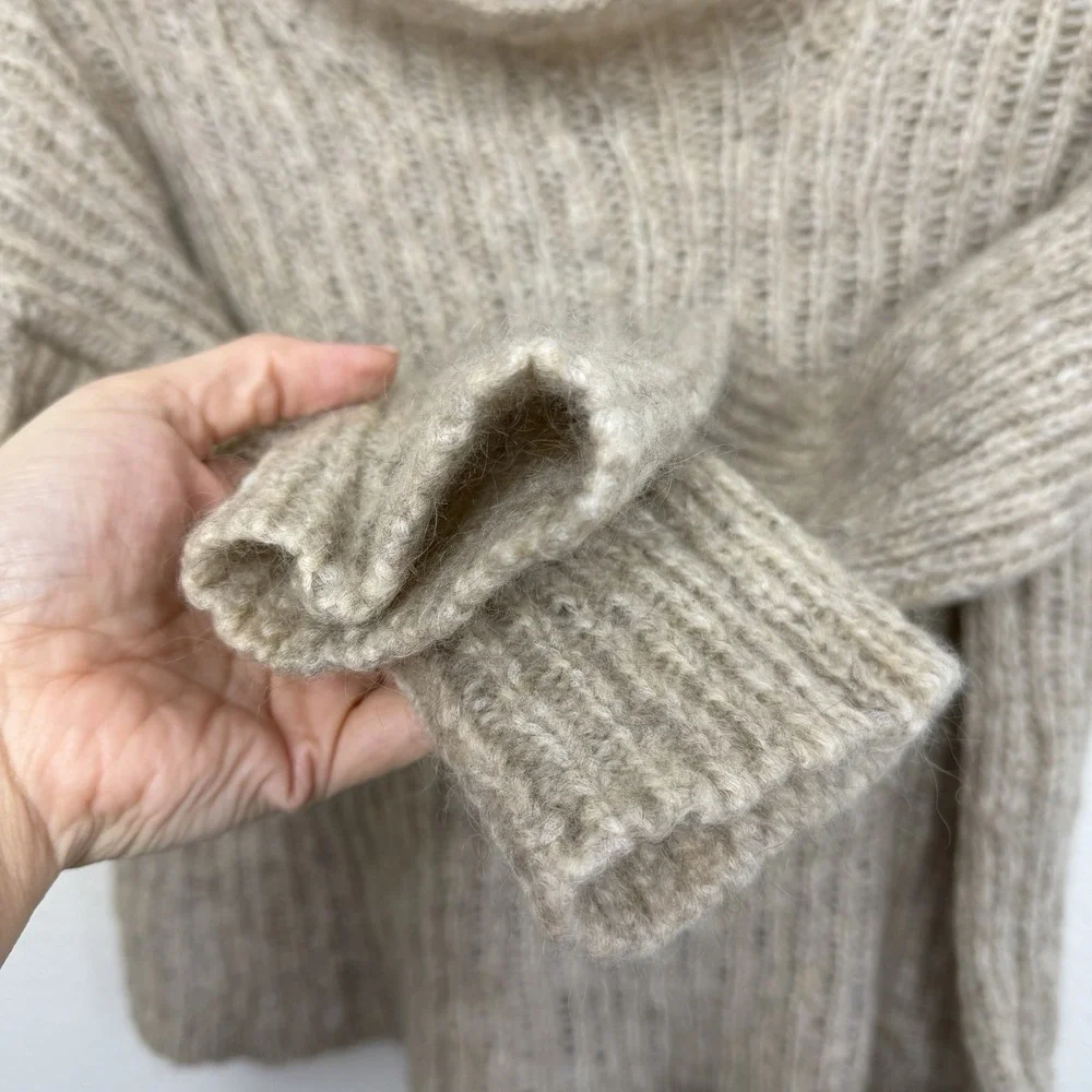Eileen Fisher Open Knit‎ Mohair Turtleneck Mock Neck Hi Low Oatmeal Sweater Sz L